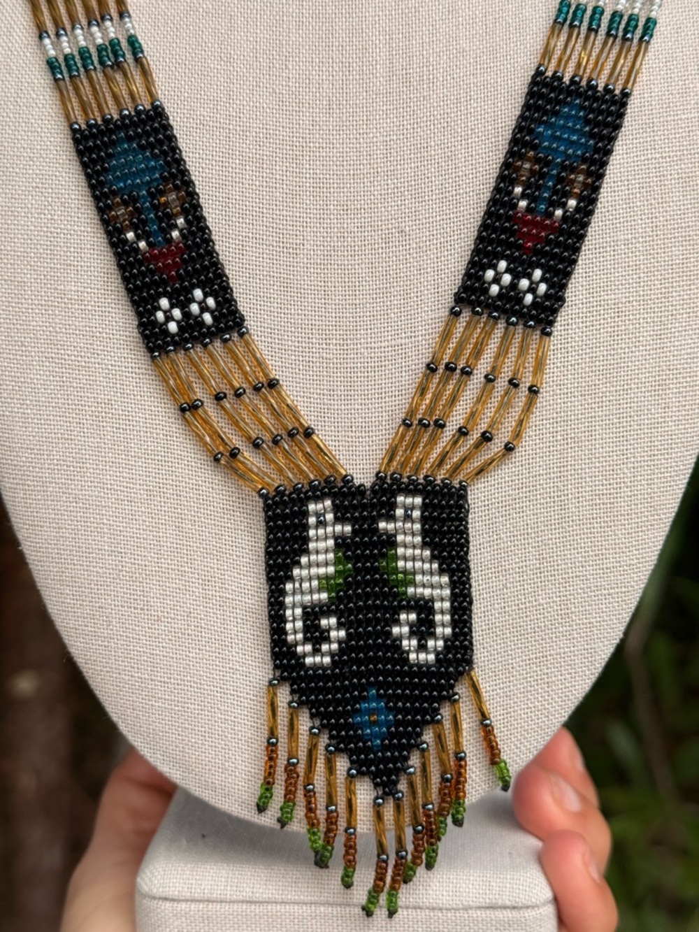 Elegant handwoven Beaded Necklace with Gold and Black Details, Nautical inspired